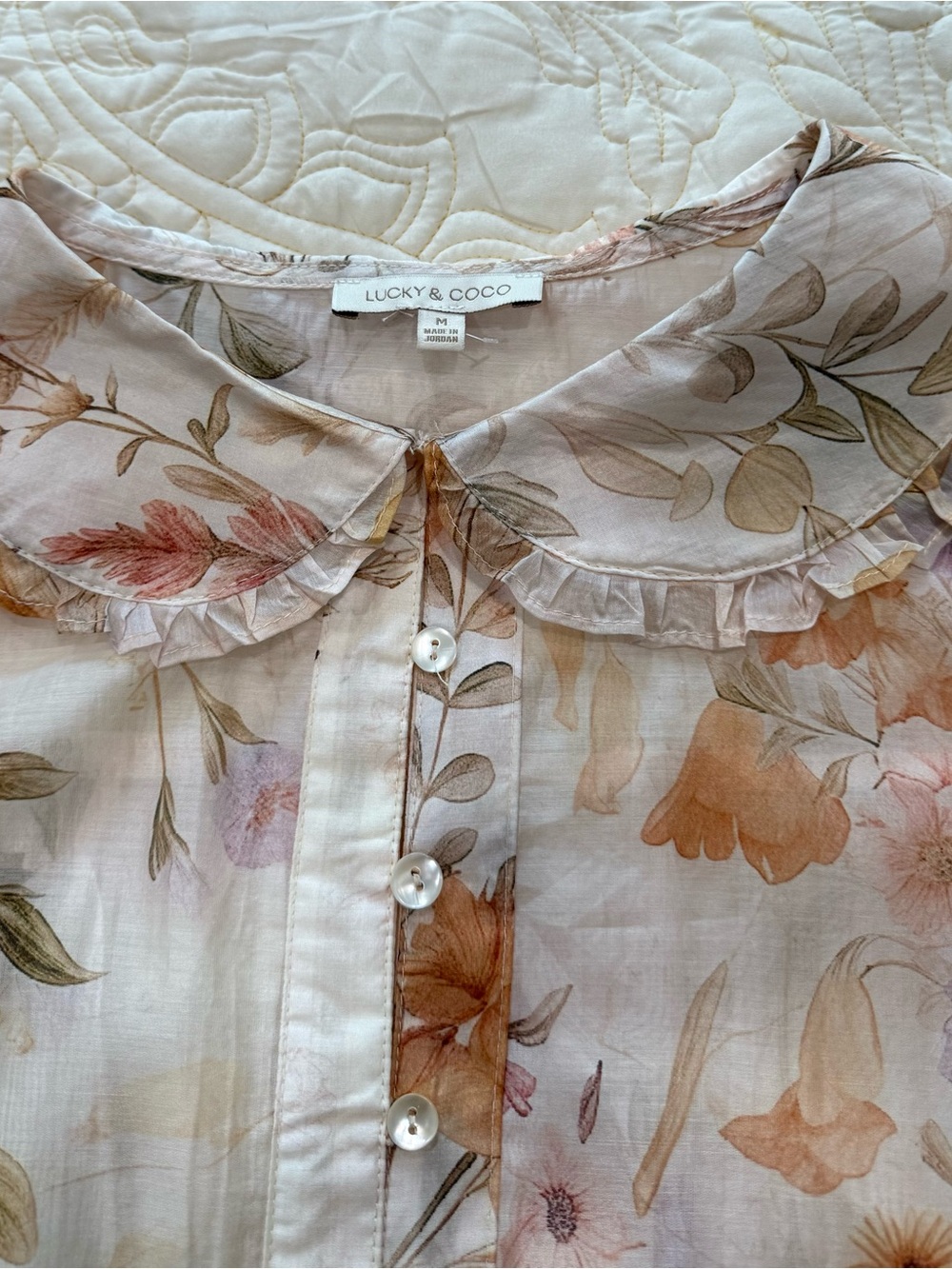 Lucky and Coco Sheer Floral Button-Front Blouse - Cream Multi - Picture 2 of 7